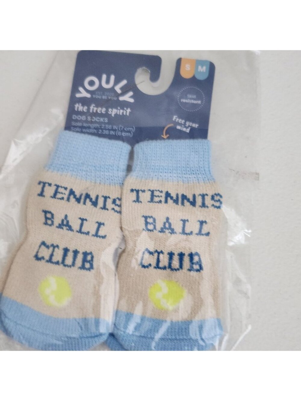 Youly Tennis Ball Club Dog Socks Skid-Resistant S/M Beige & Blue